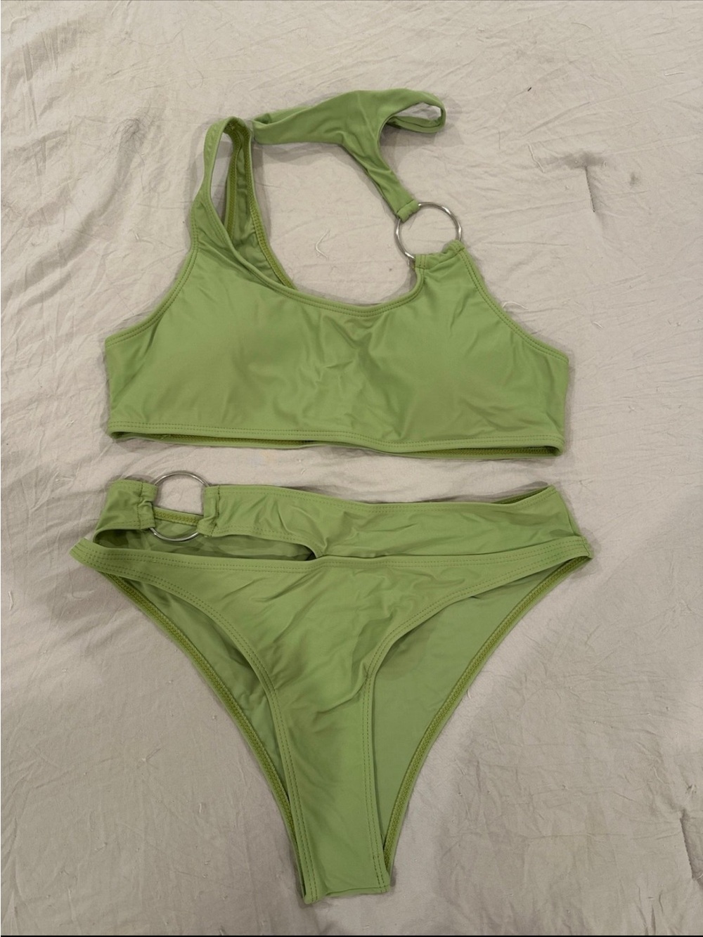 SHEIN Light Green One-Shoulder Ring-Accent Bikini Set